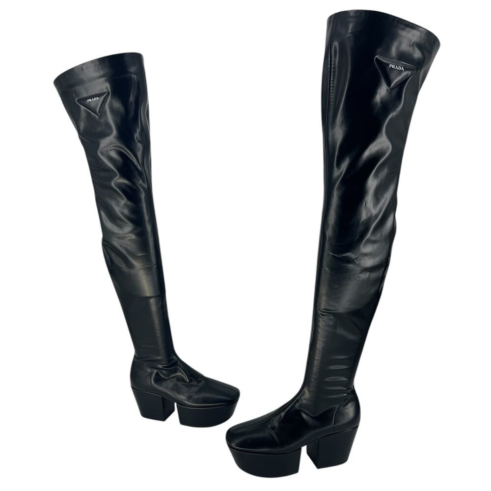 Prada Black Stretch Napa Over-the Knee Platform Boots - Picture 4 of 16